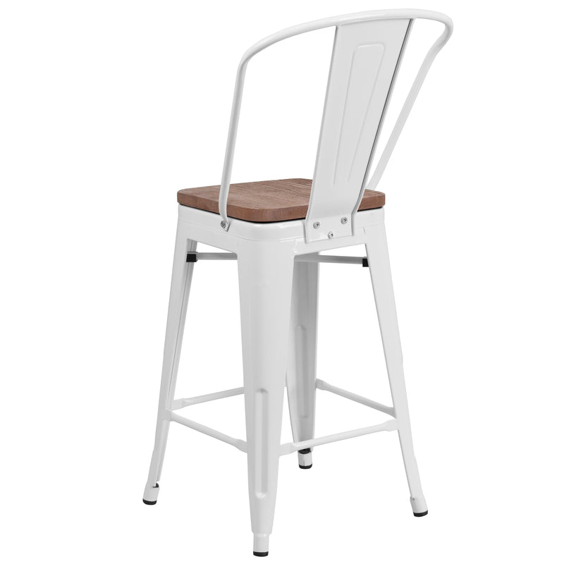 Donnely 24" Tall Metal Counter Height Dining Stool with Curved Slatted Back and Textured Wood Seat
