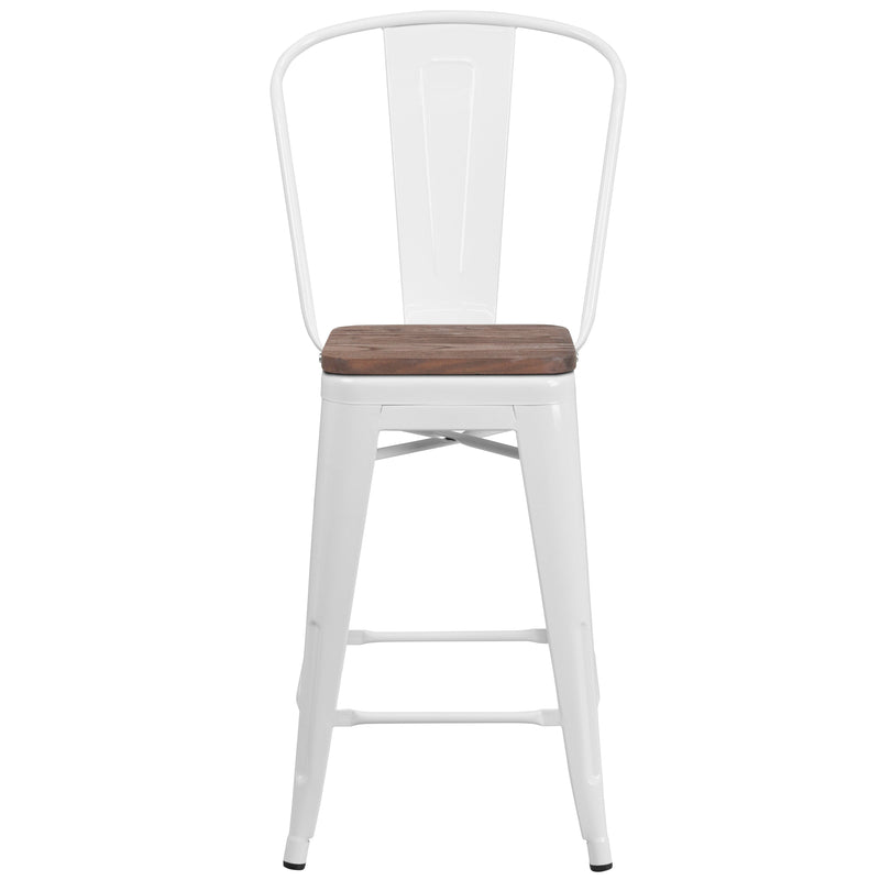 Donnely 24" Tall Metal Counter Height Dining Stool with Curved Slatted Back and Textured Wood Seat