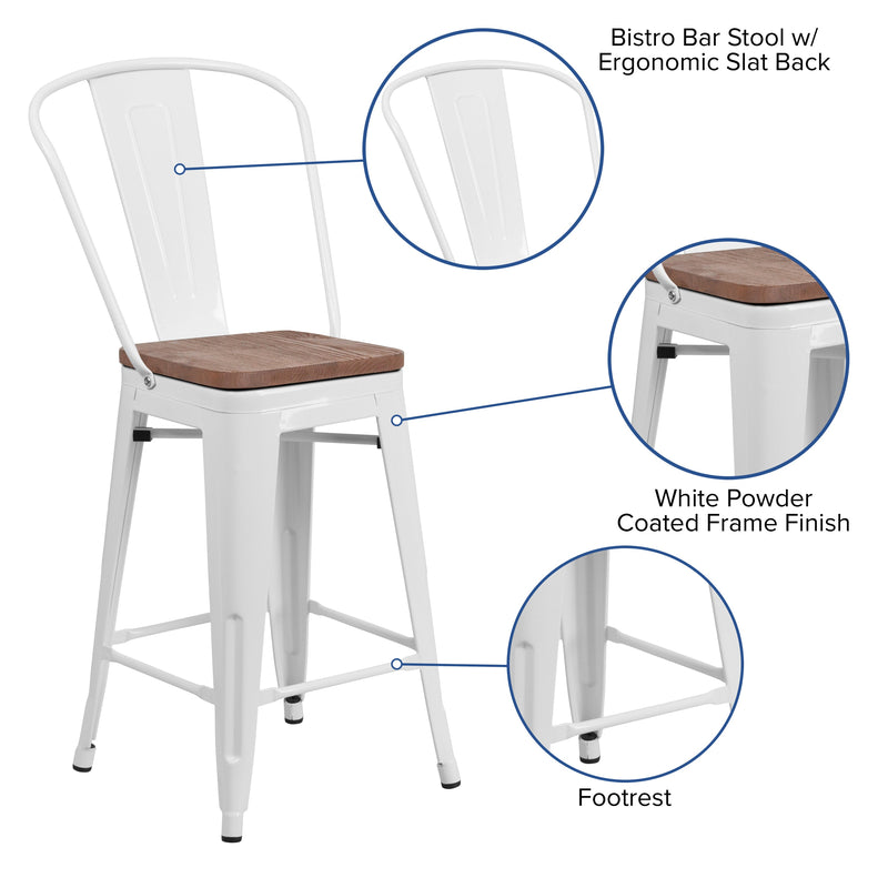 Donnely 24" Tall Metal Counter Height Dining Stool with Curved Slatted Back and Textured Wood Seat