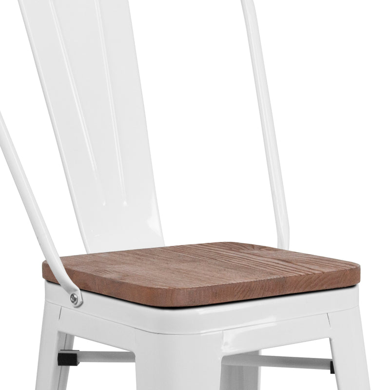 Donnely 24" Tall Metal Counter Height Dining Stool with Curved Slatted Back and Textured Wood Seat