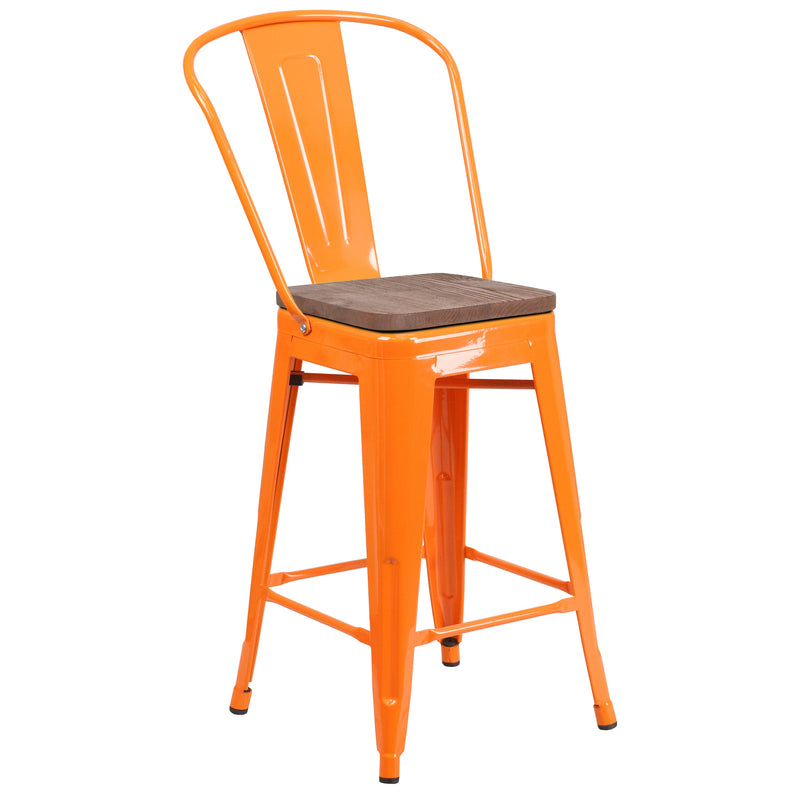 Donnely 24" Tall Metal Counter Height Dining Stool with Curved Slatted Back and Textured Wood Seat