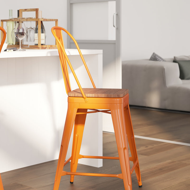 Donnely 24" Tall Metal Counter Height Dining Stool with Curved Slatted Back and Textured Wood Seat