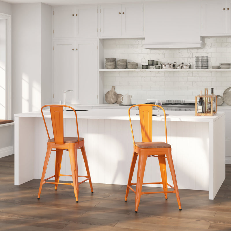 Donnely 24" Tall Metal Counter Height Dining Stool with Curved Slatted Back and Textured Wood Seat