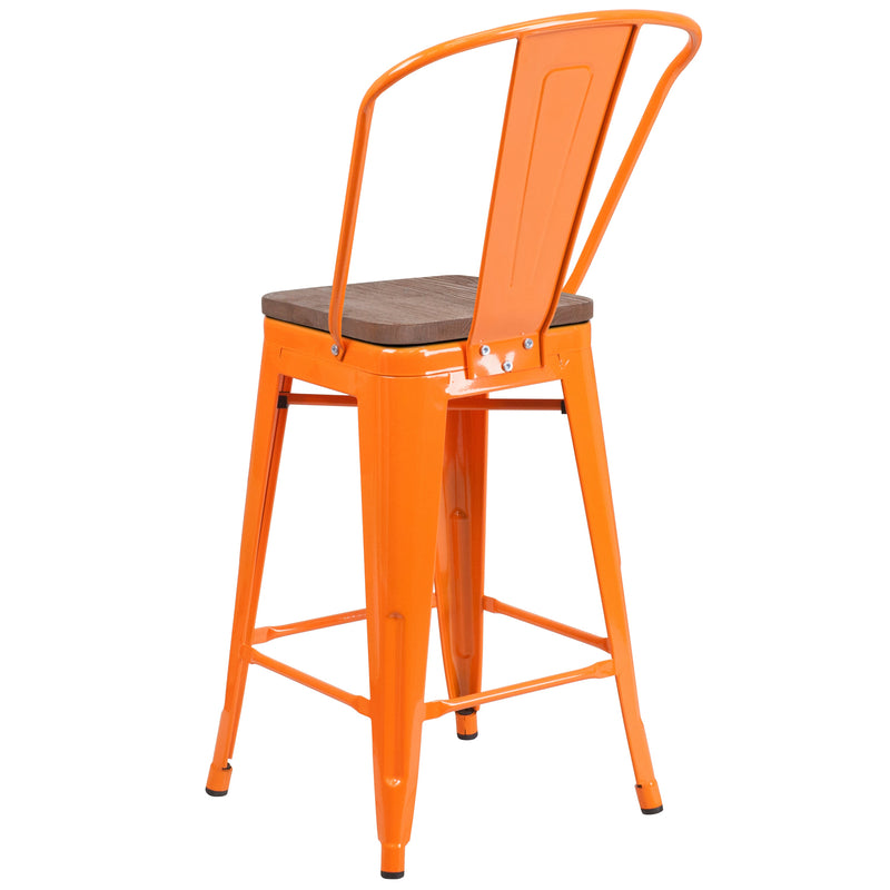 Donnely 24" Tall Metal Counter Height Dining Stool with Curved Slatted Back and Textured Wood Seat