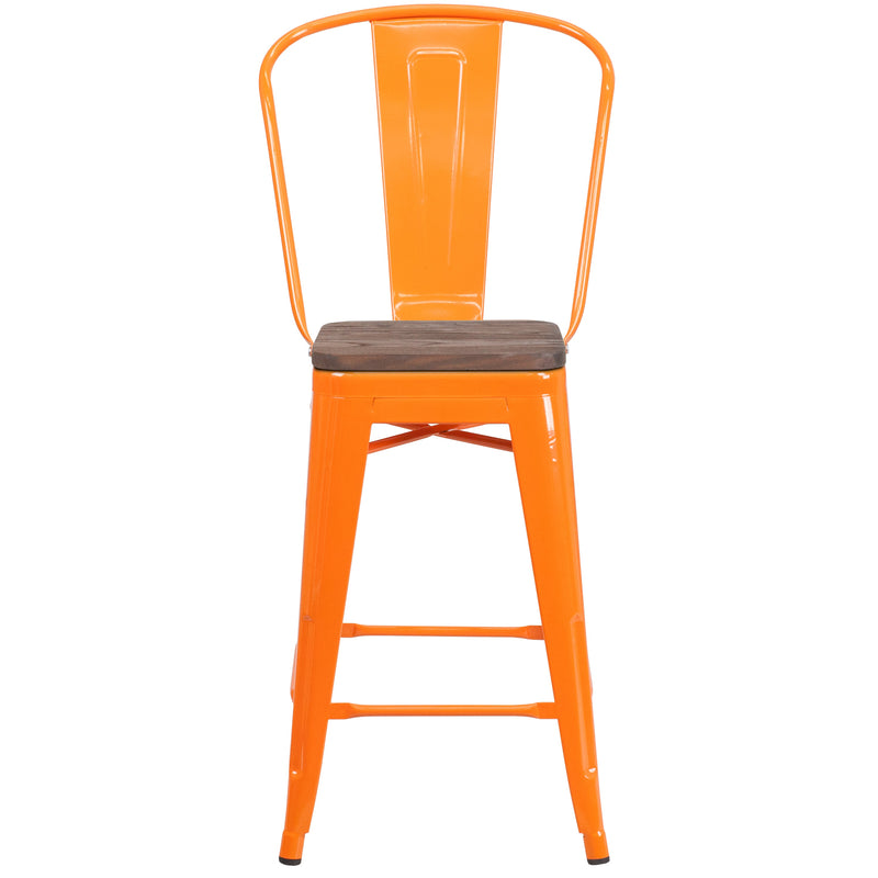 Donnely 24" Tall Metal Counter Height Dining Stool with Curved Slatted Back and Textured Wood Seat