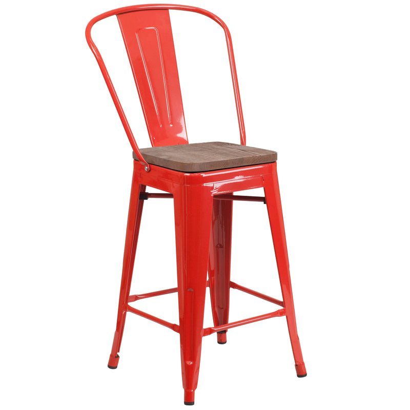 Donnely 24" Tall Metal Counter Height Dining Stool with Curved Slatted Back and Textured Wood Seat