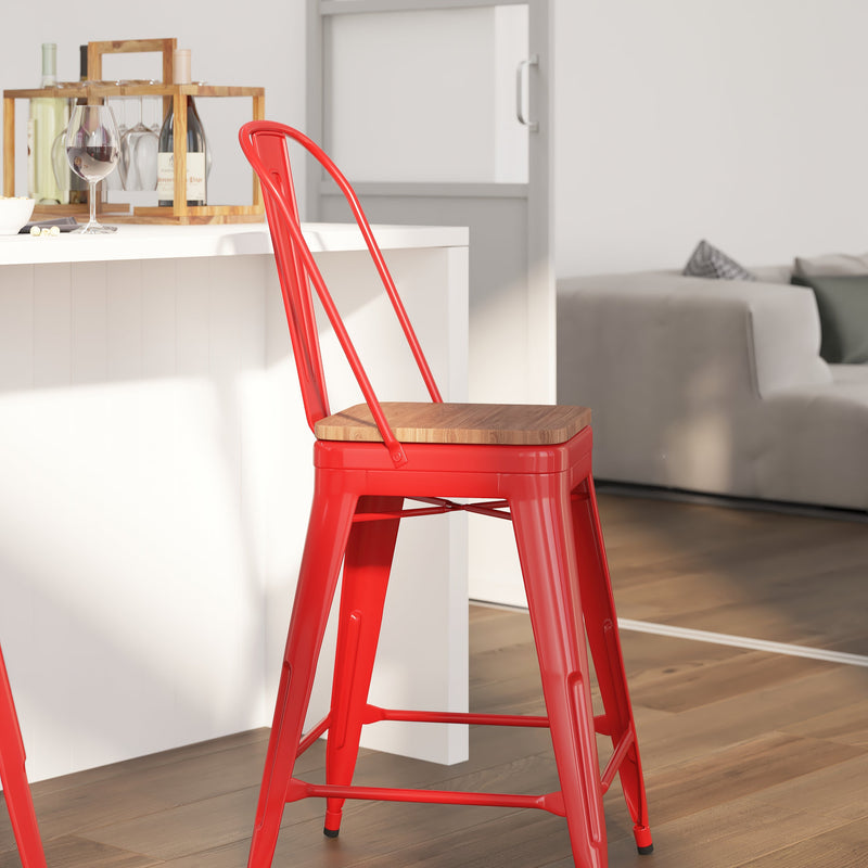 Donnely 24" Tall Metal Counter Height Dining Stool with Curved Slatted Back and Textured Wood Seat