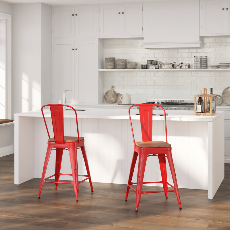 Donnely 24" Tall Metal Counter Height Dining Stool with Curved Slatted Back and Textured Wood Seat