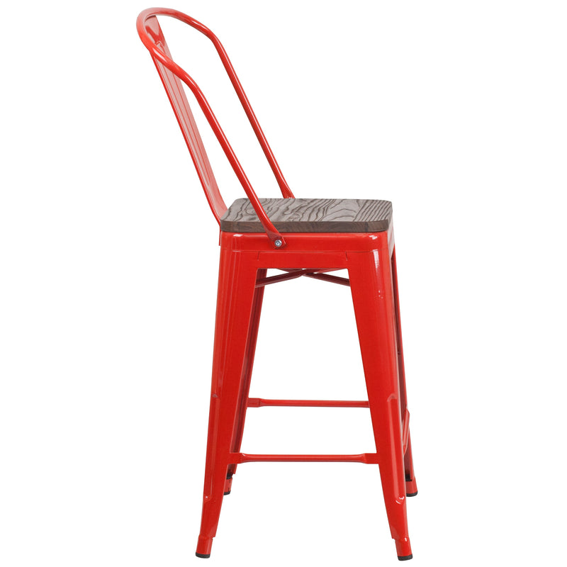 Donnely 24" Tall Metal Counter Height Dining Stool with Curved Slatted Back and Textured Wood Seat