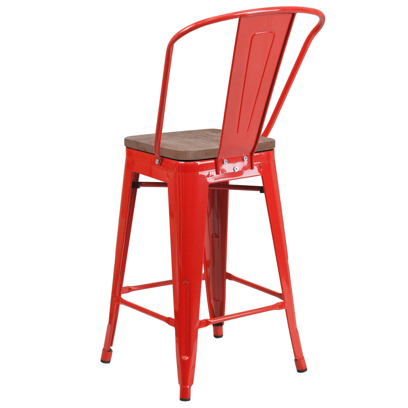 Donnely 24" Tall Metal Counter Height Dining Stool with Curved Slatted Back and Textured Wood Seat