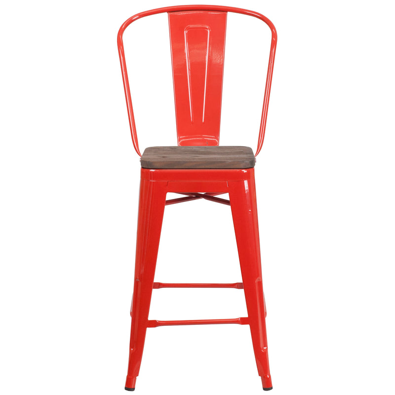 Donnely 24" Tall Metal Counter Height Dining Stool with Curved Slatted Back and Textured Wood Seat