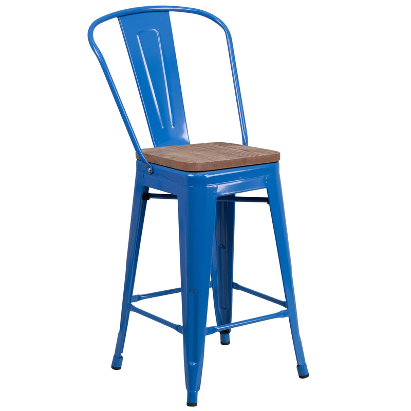 Donnely 24" Tall Metal Counter Height Dining Stool with Curved Slatted Back and Textured Wood Seat