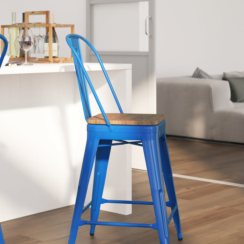 Donnely 24" Tall Metal Counter Height Dining Stool with Curved Slatted Back and Textured Wood Seat