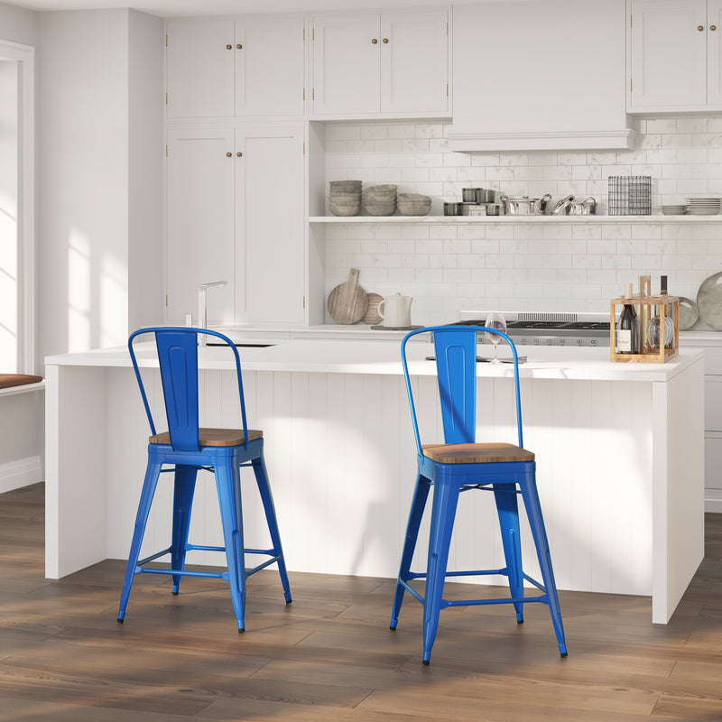 Donnely 24" Tall Metal Counter Height Dining Stool with Curved Slatted Back and Textured Wood Seat