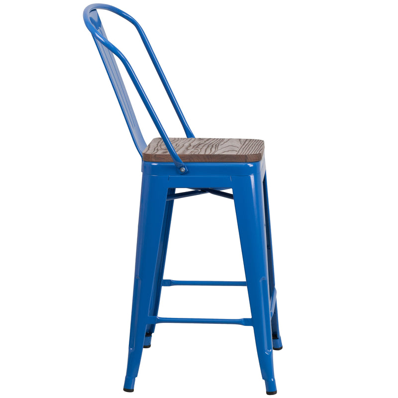 Donnely 24" Tall Metal Counter Height Dining Stool with Curved Slatted Back and Textured Wood Seat