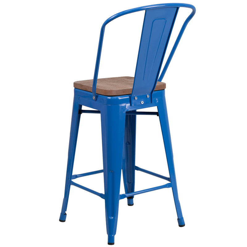 Donnely 24" Tall Metal Counter Height Dining Stool with Curved Slatted Back and Textured Wood Seat