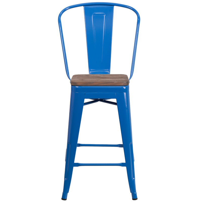 Donnely 24" Tall Metal Counter Height Dining Stool with Curved Slatted Back and Textured Wood Seat