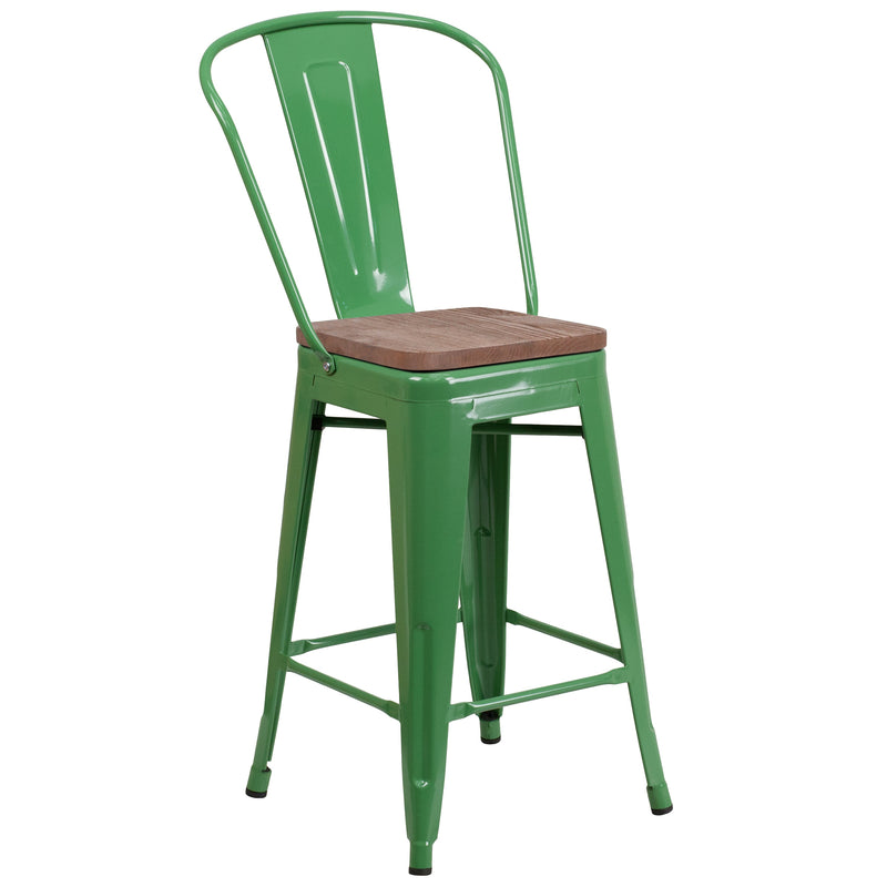 Donnely 24" Tall Metal Counter Height Dining Stool with Curved Slatted Back and Textured Wood Seat
