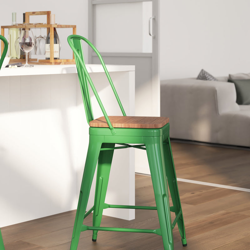 Donnely 24" Tall Metal Counter Height Dining Stool with Curved Slatted Back and Textured Wood Seat