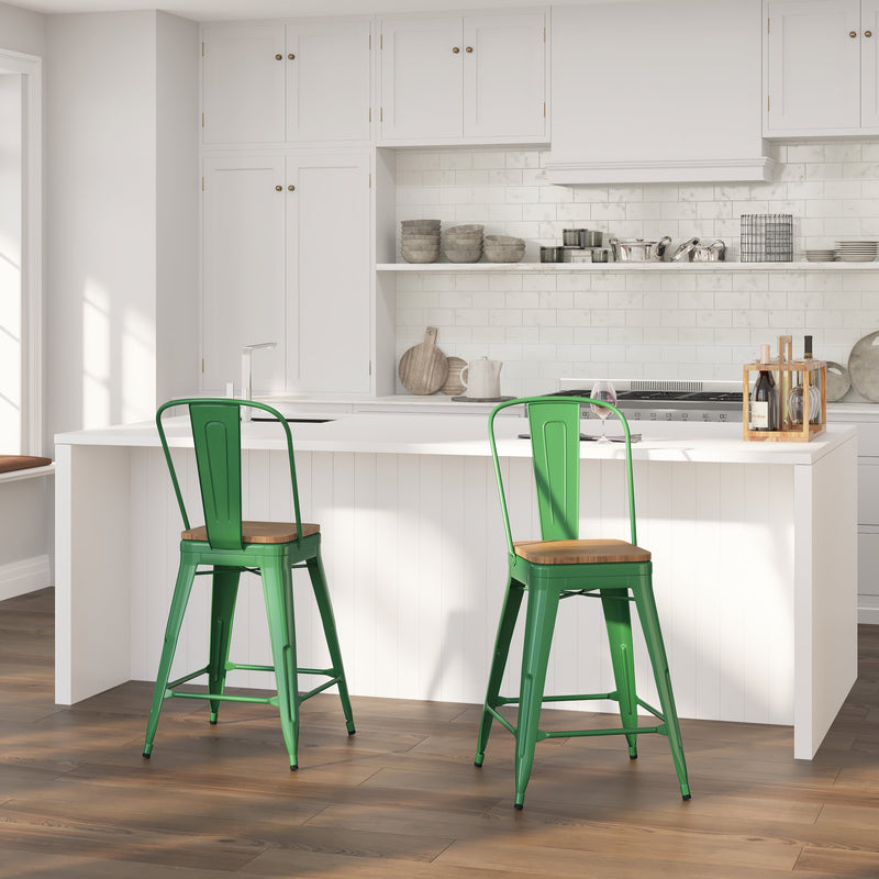 Donnely 24" Tall Metal Counter Height Dining Stool with Curved Slatted Back and Textured Wood Seat