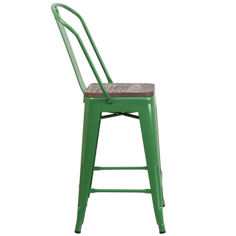 Donnely 24" Tall Metal Counter Height Dining Stool with Curved Slatted Back and Textured Wood Seat