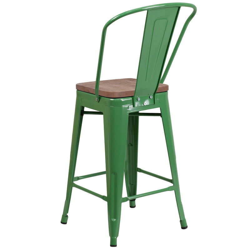 Donnely 24" Tall Metal Counter Height Dining Stool with Curved Slatted Back and Textured Wood Seat