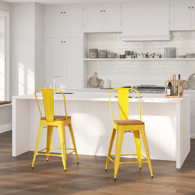 Donnely 24" Tall Metal Counter Height Dining Stool with Curved Slatted Back and Textured Wood Seat