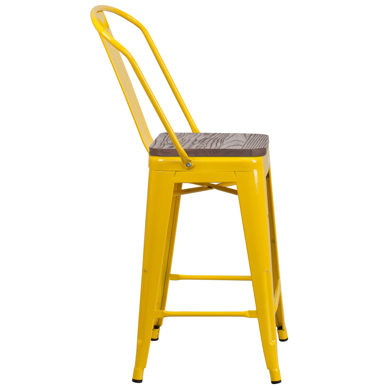 Donnely 24" Tall Metal Counter Height Dining Stool with Curved Slatted Back and Textured Wood Seat