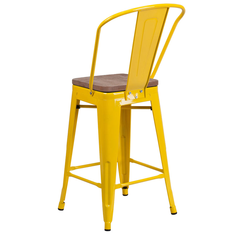 Donnely 24" Tall Metal Counter Height Dining Stool with Curved Slatted Back and Textured Wood Seat