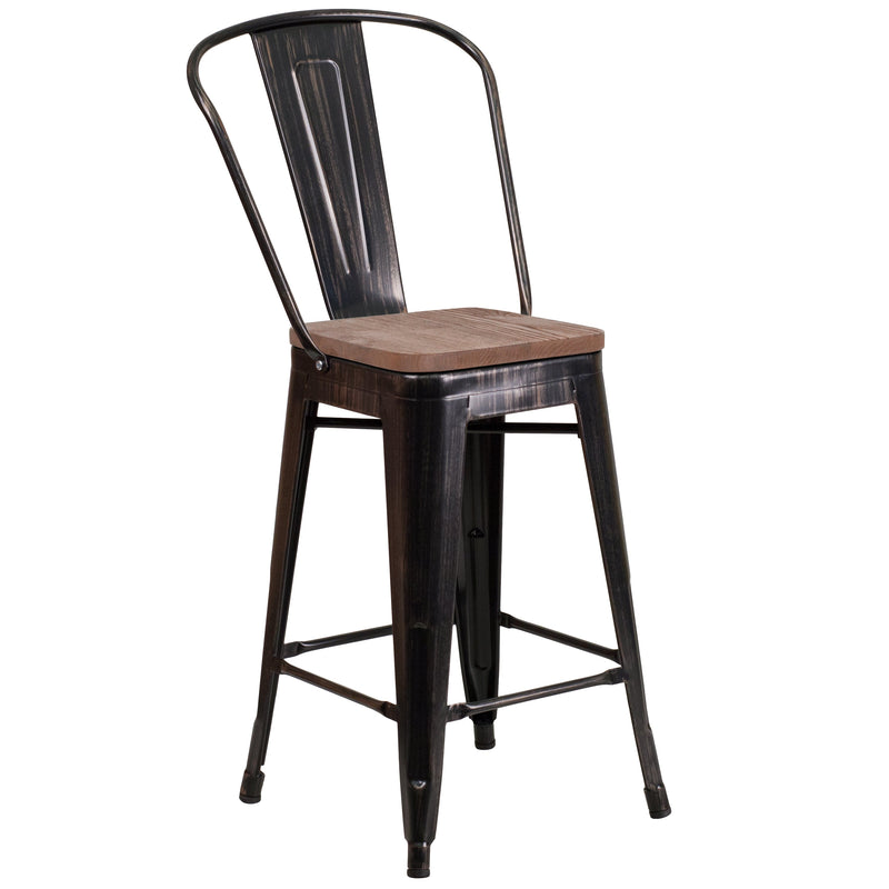 Donnely 24" Tall Metal Counter Height Dining Stool with Curved Slatted Back and Textured Wood Seat