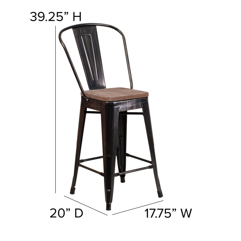 Donnely 24" Tall Metal Counter Height Dining Stool with Curved Slatted Back and Textured Wood Seat