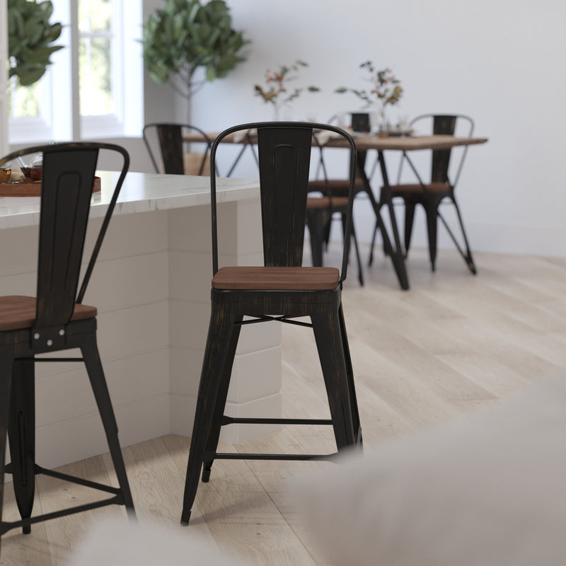 Donnely 24" Tall Metal Counter Height Dining Stool with Curved Slatted Back and Textured Wood Seat