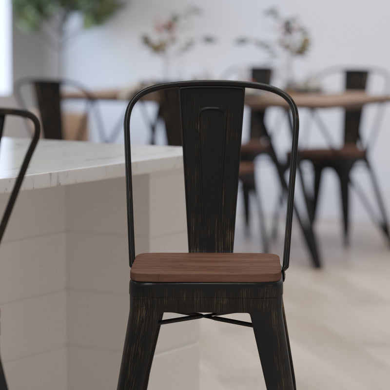 Donnely 24" Tall Metal Counter Height Dining Stool with Curved Slatted Back and Textured Wood Seat