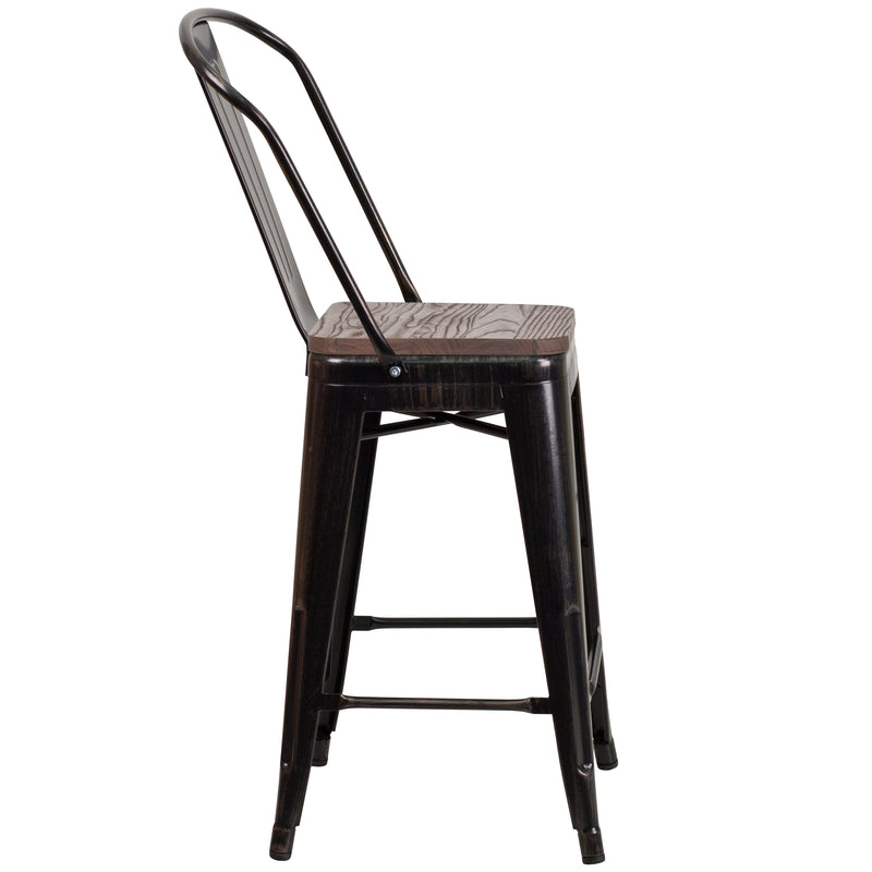 Donnely 24" Tall Metal Counter Height Dining Stool with Curved Slatted Back and Textured Wood Seat
