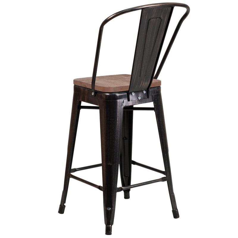 Donnely 24" Tall Metal Counter Height Dining Stool with Curved Slatted Back and Textured Wood Seat