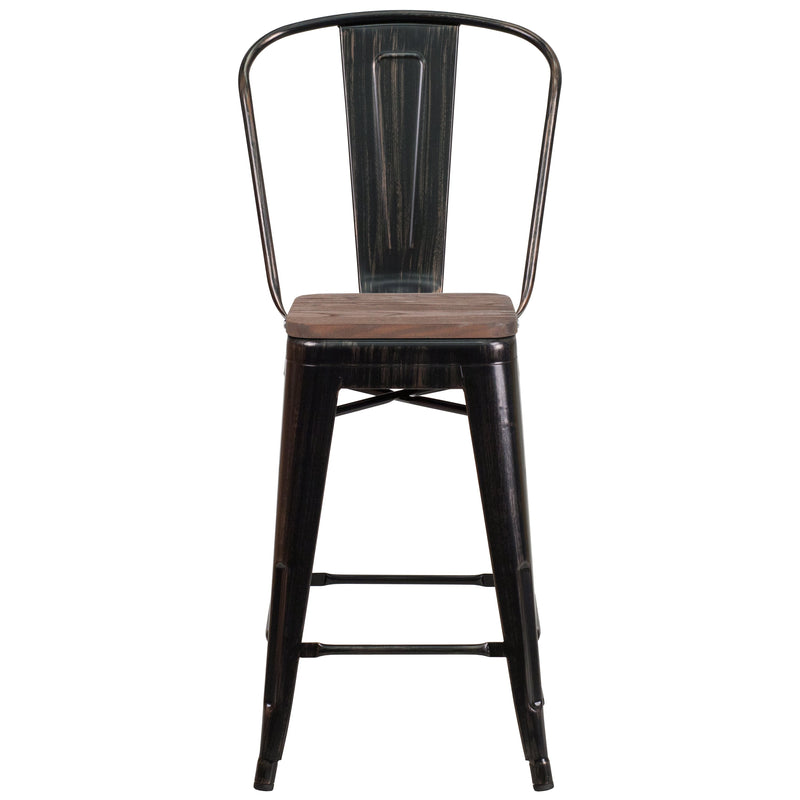 Donnely 24" Tall Metal Counter Height Dining Stool with Curved Slatted Back and Textured Wood Seat