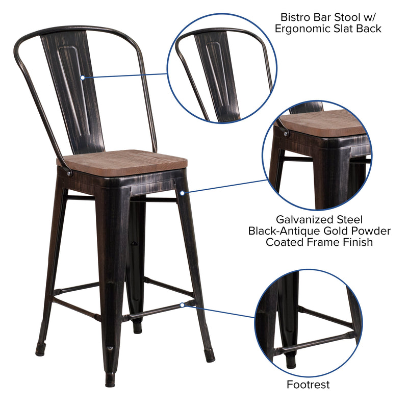 Donnely 24" Tall Metal Counter Height Dining Stool with Curved Slatted Back and Textured Wood Seat