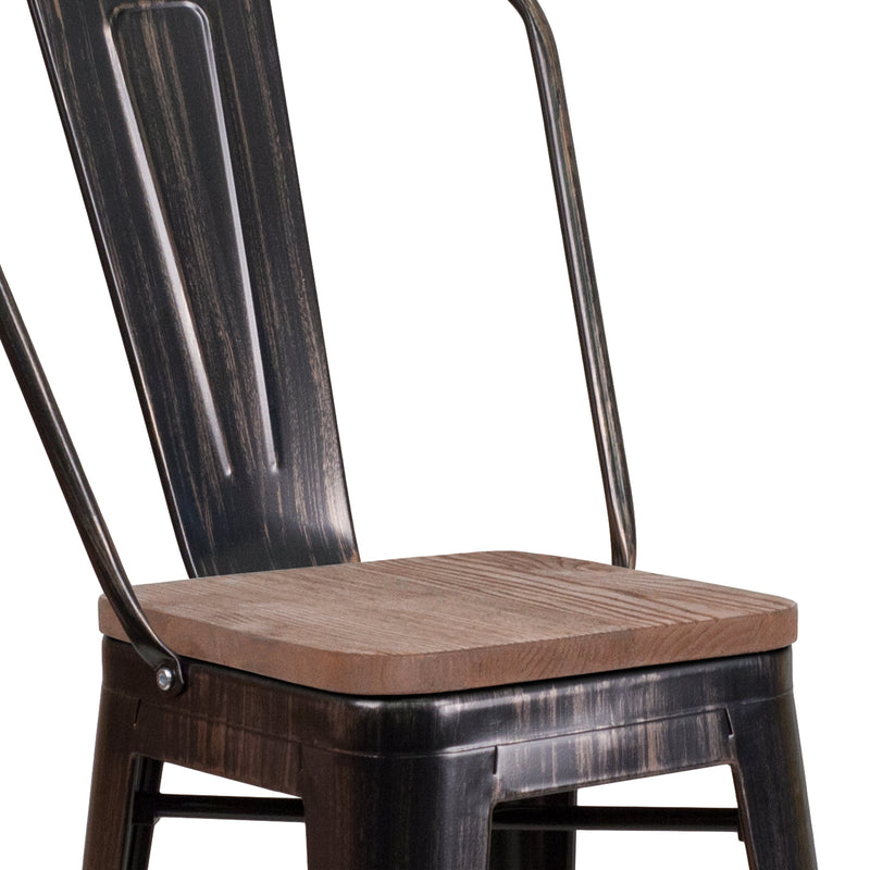 Donnely 24" Tall Metal Counter Height Dining Stool with Curved Slatted Back and Textured Wood Seat