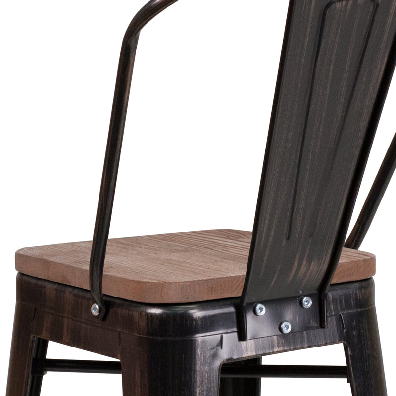 Donnely 24" Tall Metal Counter Height Dining Stool with Curved Slatted Back and Textured Wood Seat