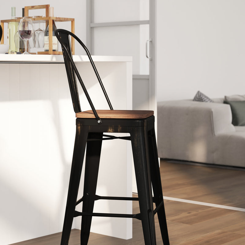 Amsterdam 30" High Metal Barstool with Back and Wood Seat