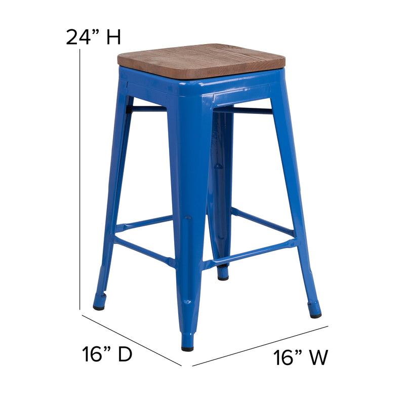 Dalton Series 24" High Backless Metal Counter Height Dining Stool with Wooden Seat for Indoor Use