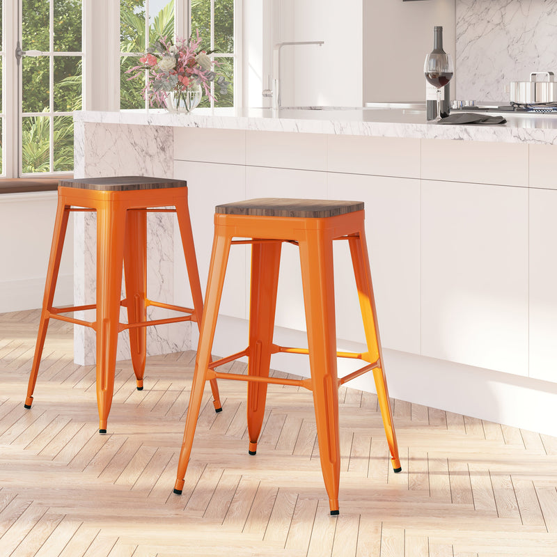 Dalton Series 30" High Backless Metal Bar Height Dining Stool with Wooden Seat for Indoor Use