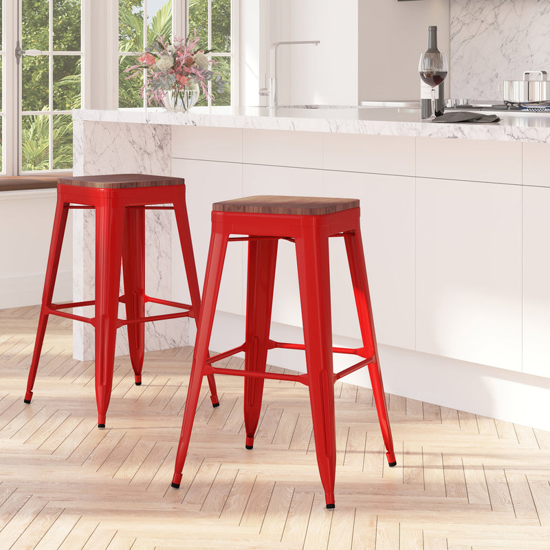 Dalton Series 30" High Backless Metal Bar Height Dining Stool with Wooden Seat for Indoor Use