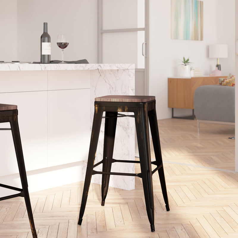 Dalton Series 30" High Backless Metal Bar Height Dining Stool with Wooden Seat for Indoor Use