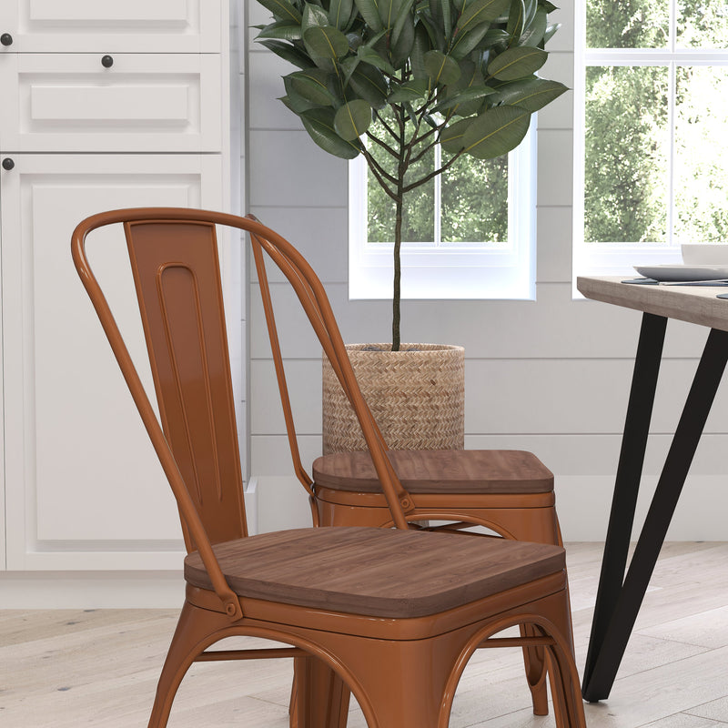 Calumet Metal Stacking Chair with Curved, Slatted Back and Rustic Wood Seat