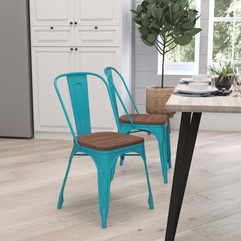Calumet Metal Stacking Chair with Curved, Slatted Back and Rustic Wood Seat