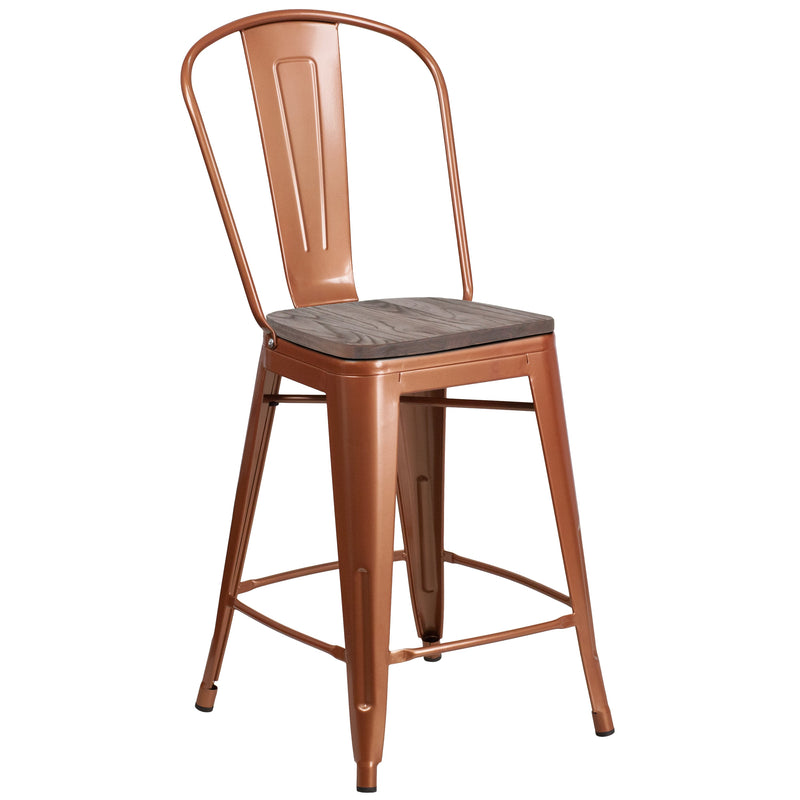 Sarah 24" Metal Indoor-Outdoor Counter Stool with Vertical Slat Back, Integrated Footrest and Wood Seat