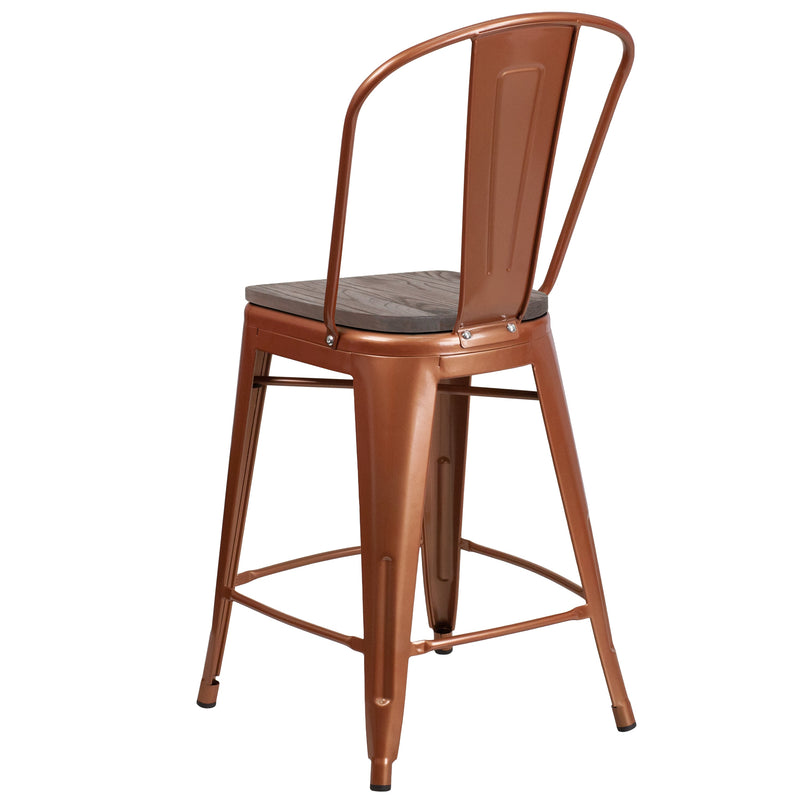 Sarah 24" Metal Indoor-Outdoor Counter Stool with Vertical Slat Back, Integrated Footrest and Wood Seat