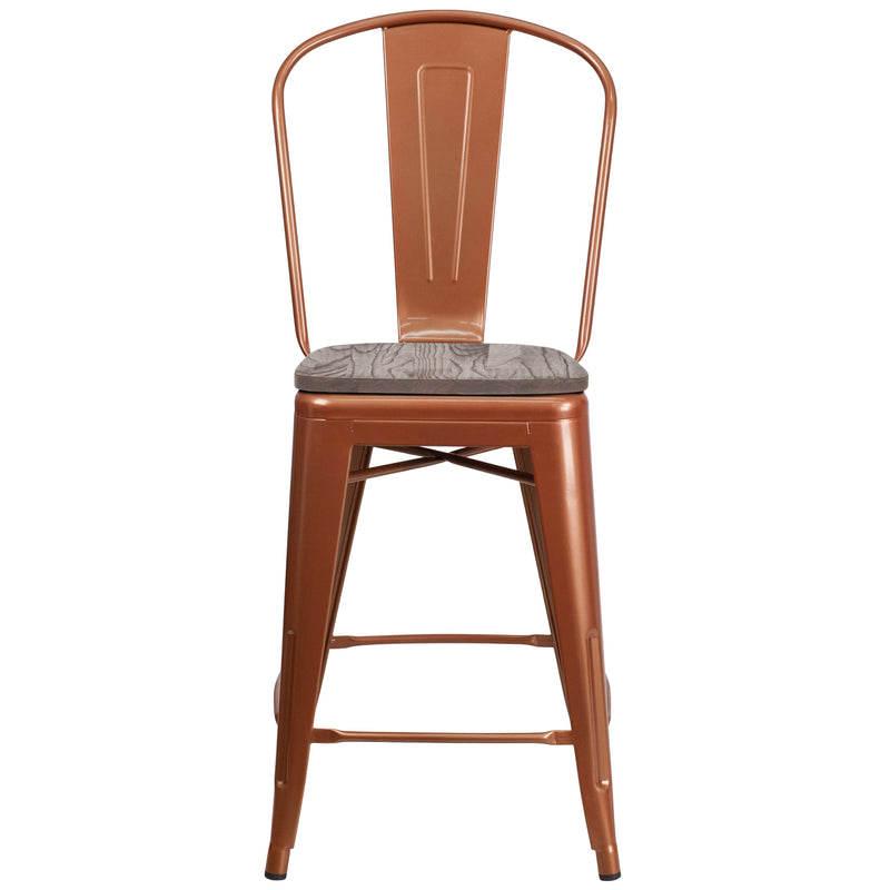 Sarah 24" Metal Indoor-Outdoor Counter Stool with Vertical Slat Back, Integrated Footrest and Wood Seat