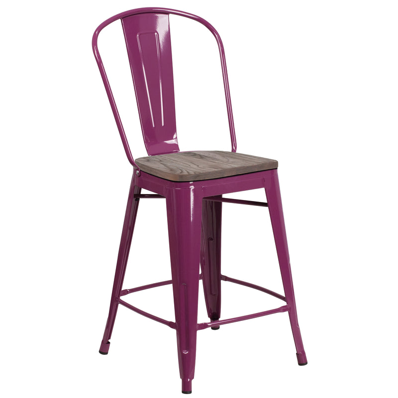 Sarah 24" Metal Indoor-Outdoor Counter Stool with Vertical Slat Back, Integrated Footrest and Wood Seat